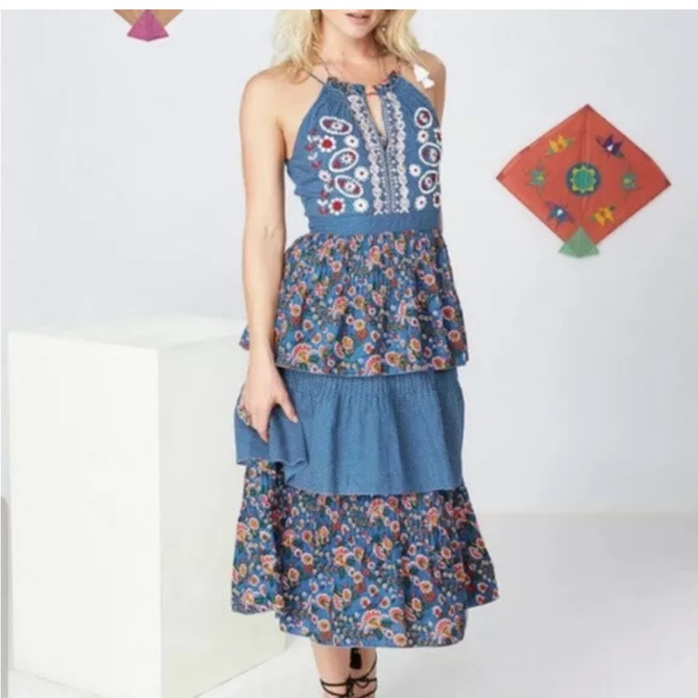 ANTHROPOLOGIE KOPAL embroidered dress Small floral print NWT new tiered halter - Picture 3 of 16